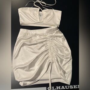 White Ruched Satin Top and Skirt Set